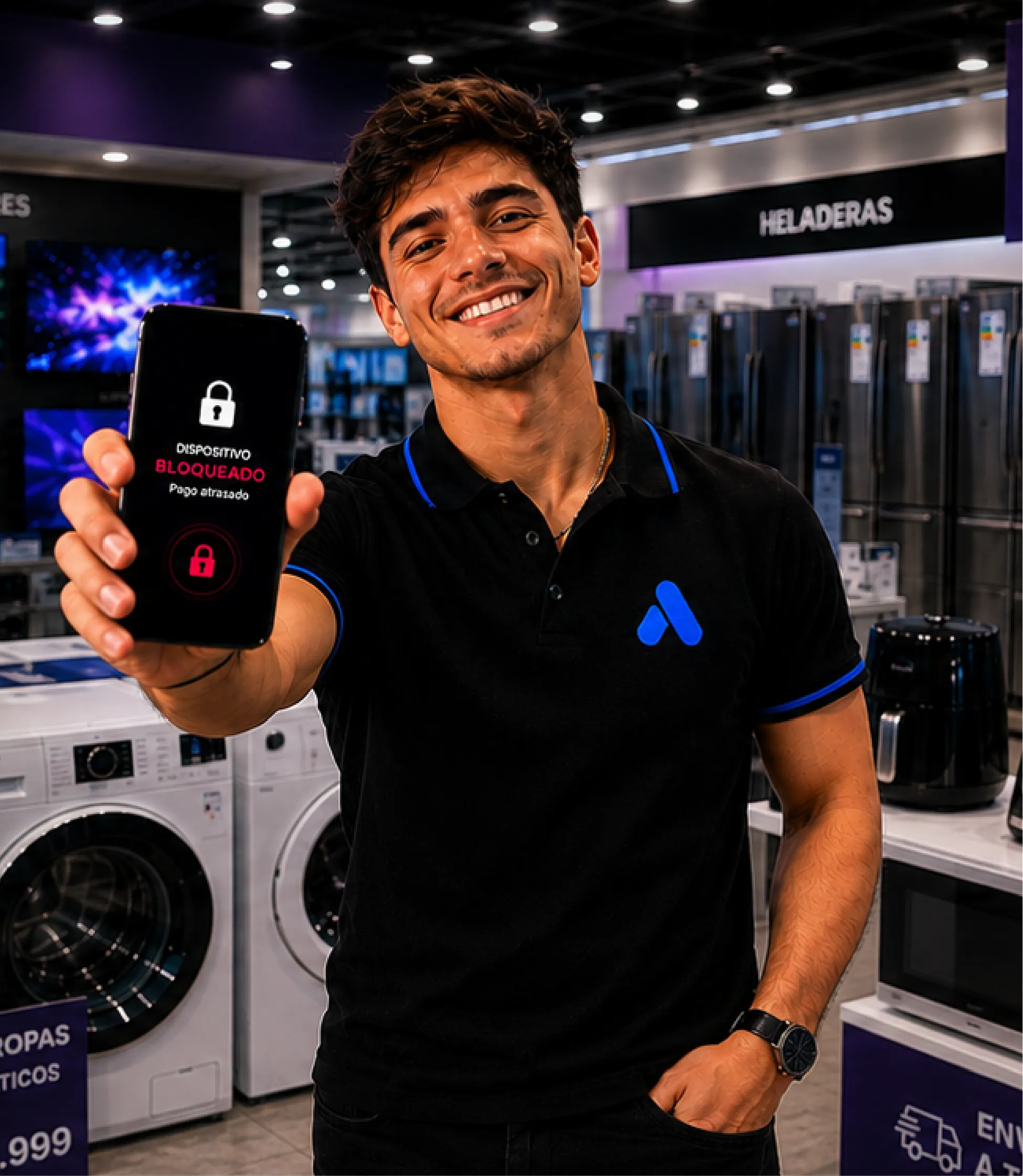 Comerciante en su local mostrando un celular con el aviso de dispositivo bloqueado por pago atrasado